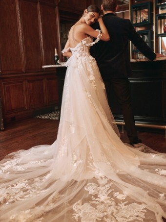 Maggie Sottero  Style #WICKLOW (24SS834A01 - Unlined bodice, glitter tulle and texture tulle 3) #4 Ivory over Blush (gown with Natural Illusion) thumbnail