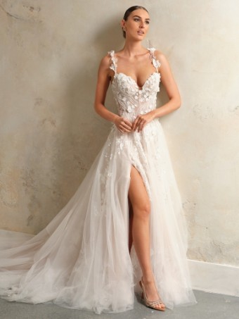 Maggie Sottero  Style #WICKLOW (24SS834A01 - Unlined bodice, glitter tulle and texture tulle 3) #0 Ivory over Blush (gown with Natural Illusion) thumbnail