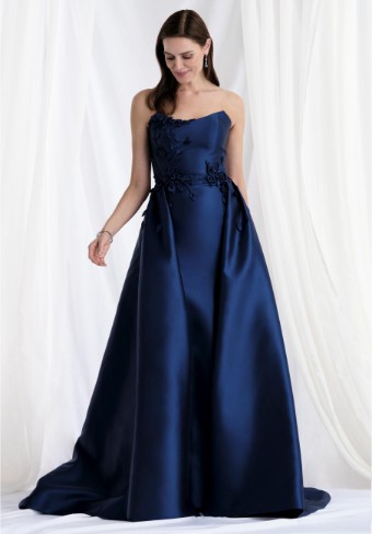 Morilee | MGNY Style #Cat Eye Column Mikado Evening Gown with Detachable Overskirt Style 73155 #2 Charcoal thumbnail